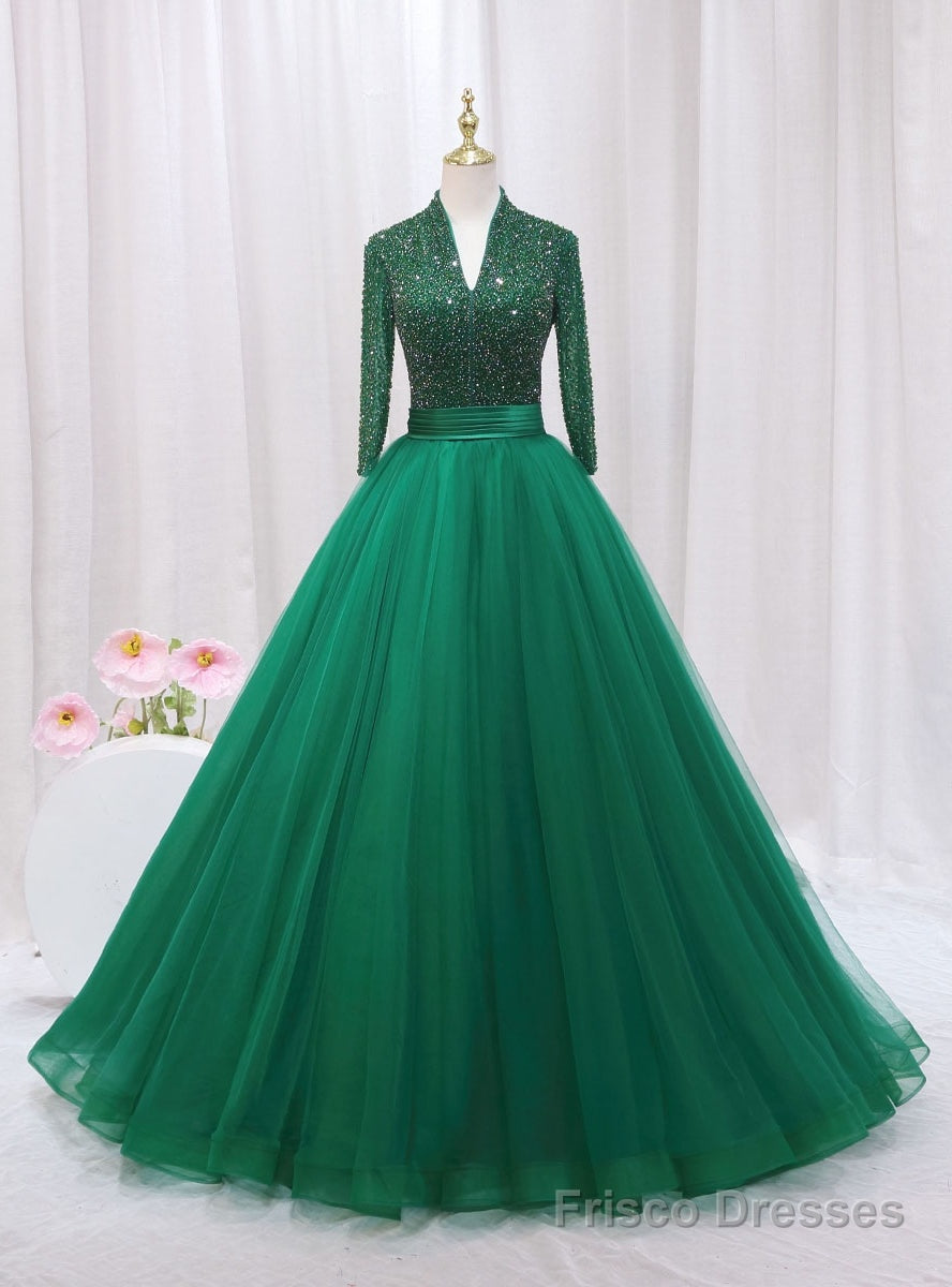 Green Tulle V-neck Long Sleeve Backless Beading Prom Dress