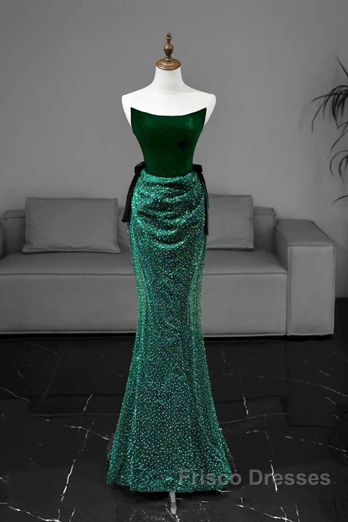 Green Tulle Velvet Long Formal Prom Dress, Green Long Formal Dress