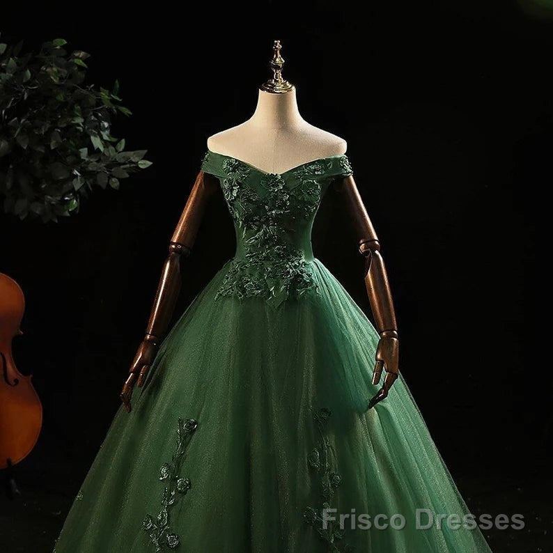 Green Tulle with Lace Applique Long Prom Dress, Green Sweet 16 Dresses Secondary image