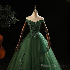 Green Tulle with Lace Applique Long Prom Dress, Green Sweet 16 Dresses
