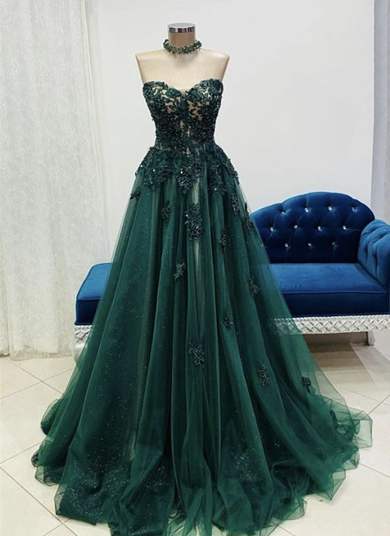 Green Tulle With Lace Applique Sweetheart Long Formal Dress, Green Evening Gown Main image