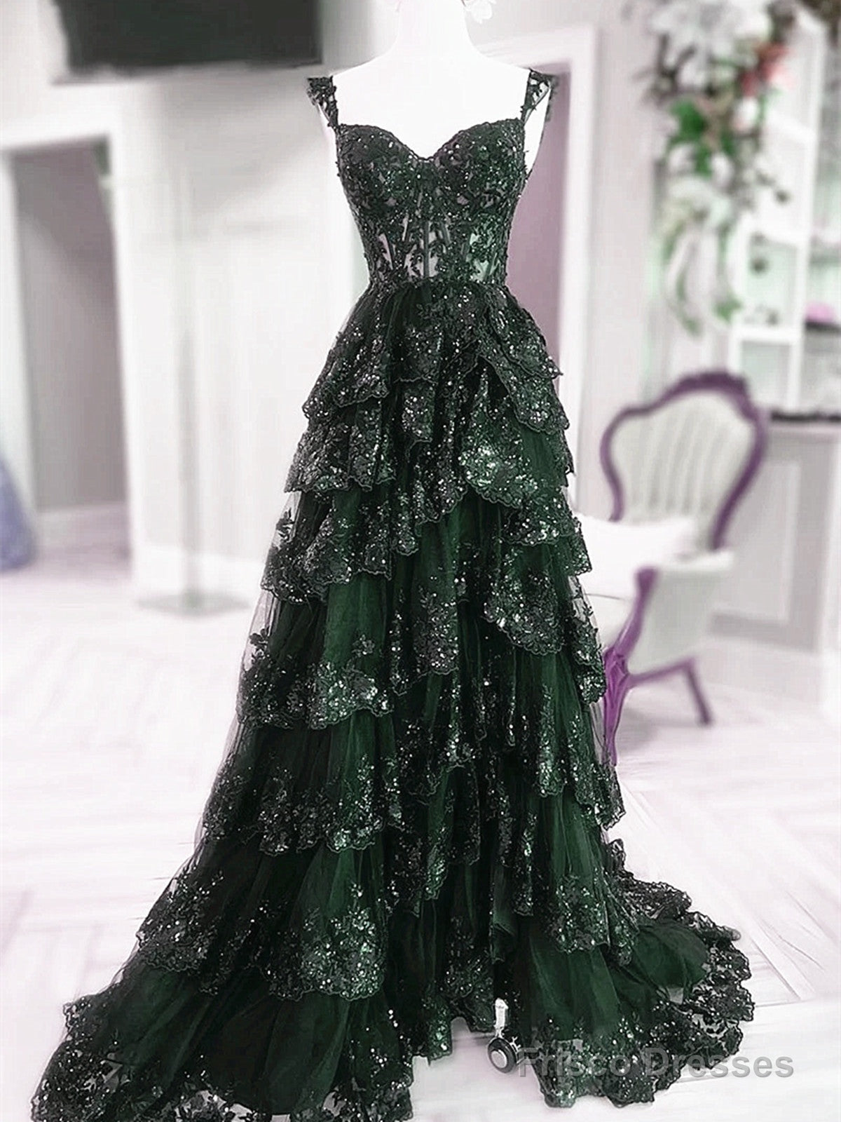 Green Tulle With Lace Straps Layers Party Dress, Green Tulle Prom Dress Main image