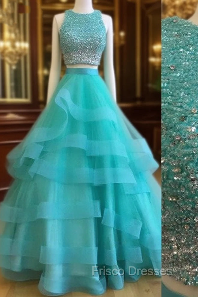 Green Two Pieces Sequin Long Formal Prom Gown, Green Evening Dress Main image