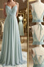 Green V Neck Chiffon Formal Prom Dresses with Lace Back, Green V Neck Long Formal Evening Dresses