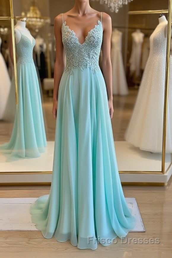 Green v neck lace chiffon long Formal Prom Dresses, lace evening Dresses