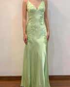 Green V-Neck Exquisite Embroidery Long Satin Ball Gown Evening Dress