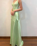 Green V-Neck Exquisite Embroidery Long Satin Ball Gown Evening Dress