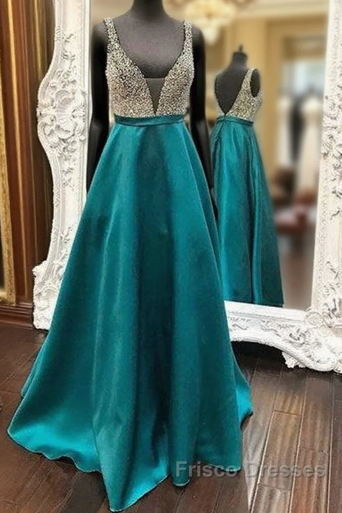 Green V Neck Sequin Long Formal Prom Dress, Green Evening Dress Main image