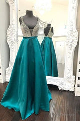 Green V Neck Sequin Long Prom Dress, Green Evening Dress