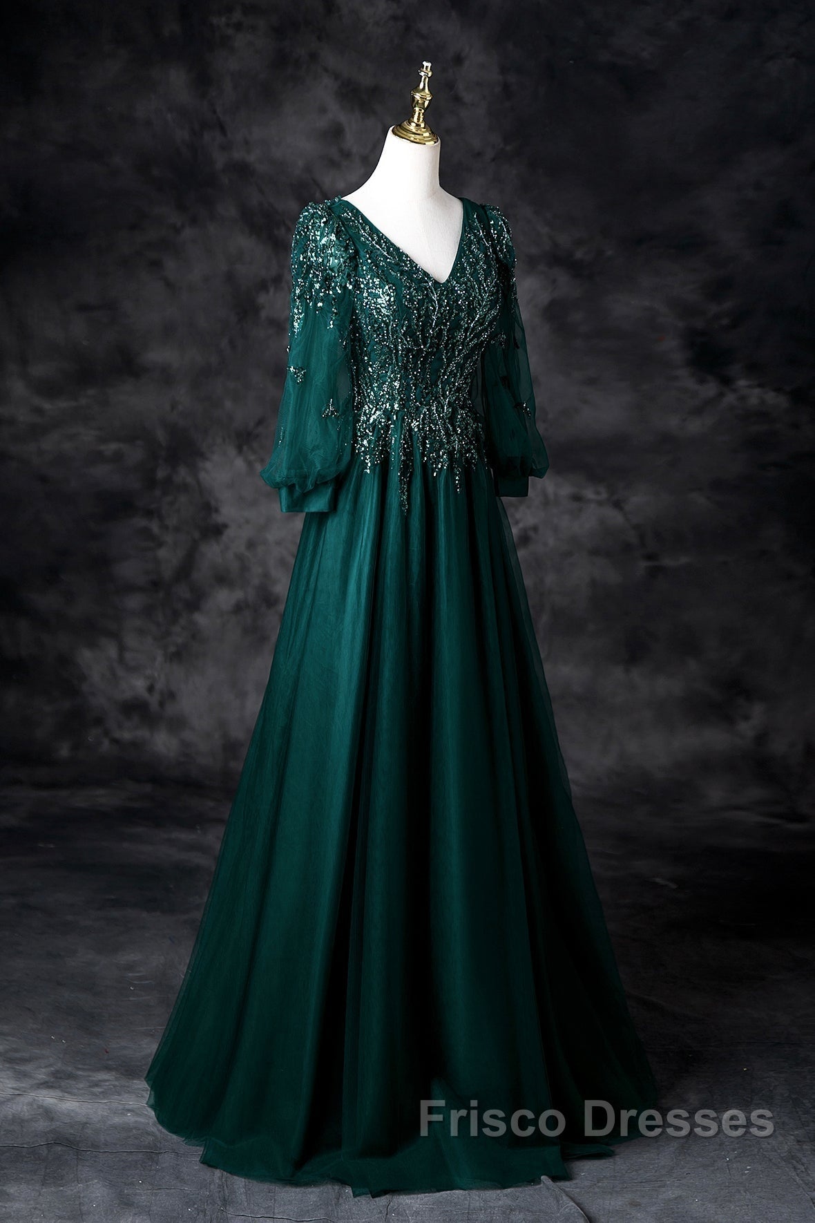 Green V-Neck Tulle Beads Long Formal Prom Dress, Elegant Long Sleeve Evening Party Dress Secondary image