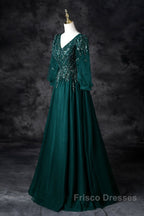 Green V-Neck Tulle Beads Long Formal Prom Dress, Elegant Long Sleeve Evening Party Dress