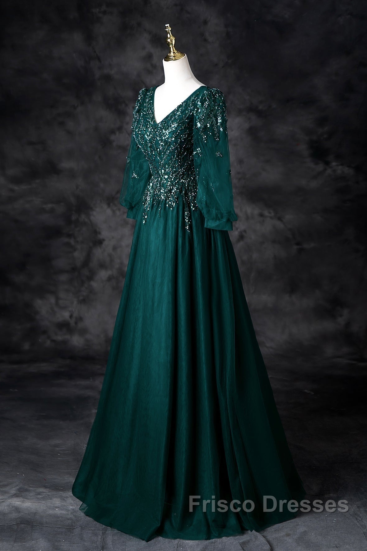 Green V-Neck Tulle Beads Long Formal Prom Dress, Elegant Long Sleeve Evening Party Dress