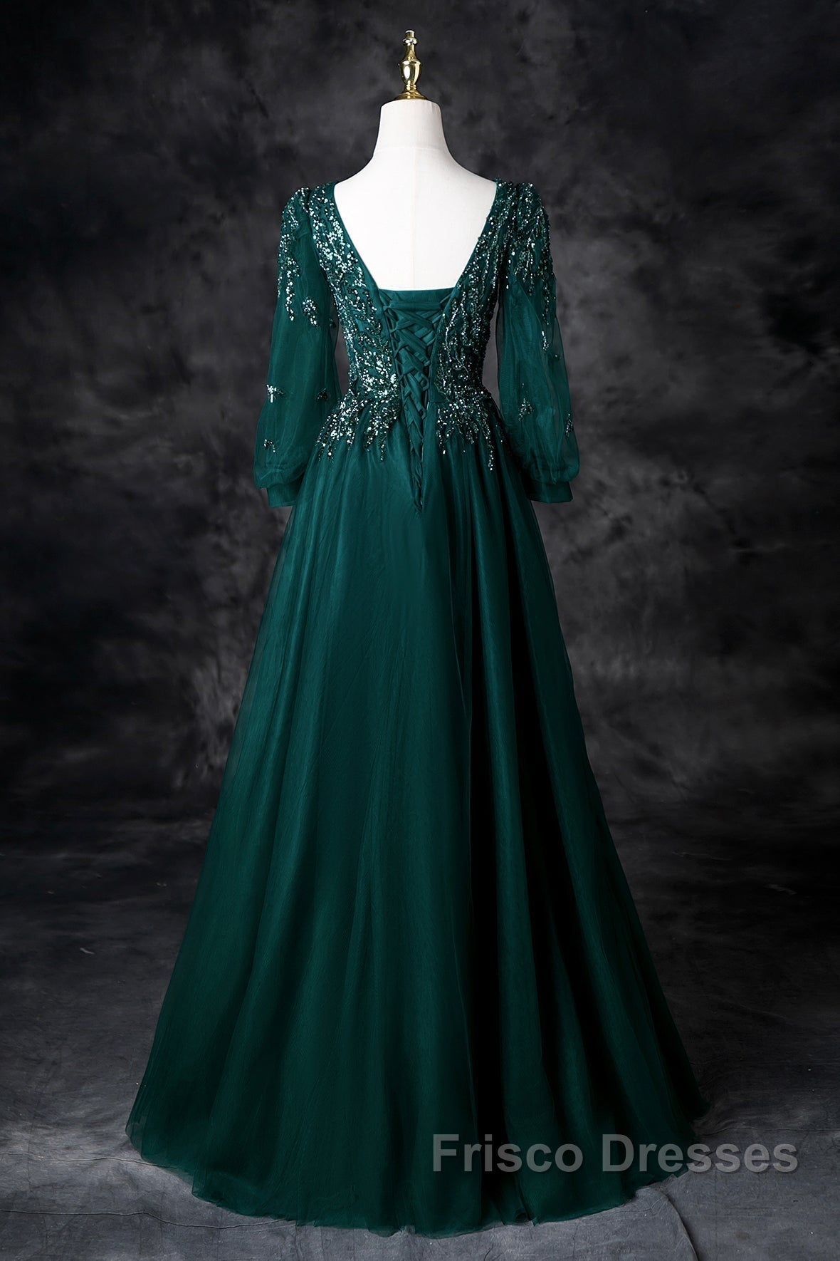 Green V-Neck Tulle Beads Long Formal Prom Dress, Elegant Long Sleeve Evening Party Dress