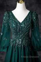Green V-Neck Tulle Beads Long Formal Prom Dress, Elegant Long Sleeve Evening Party Dress