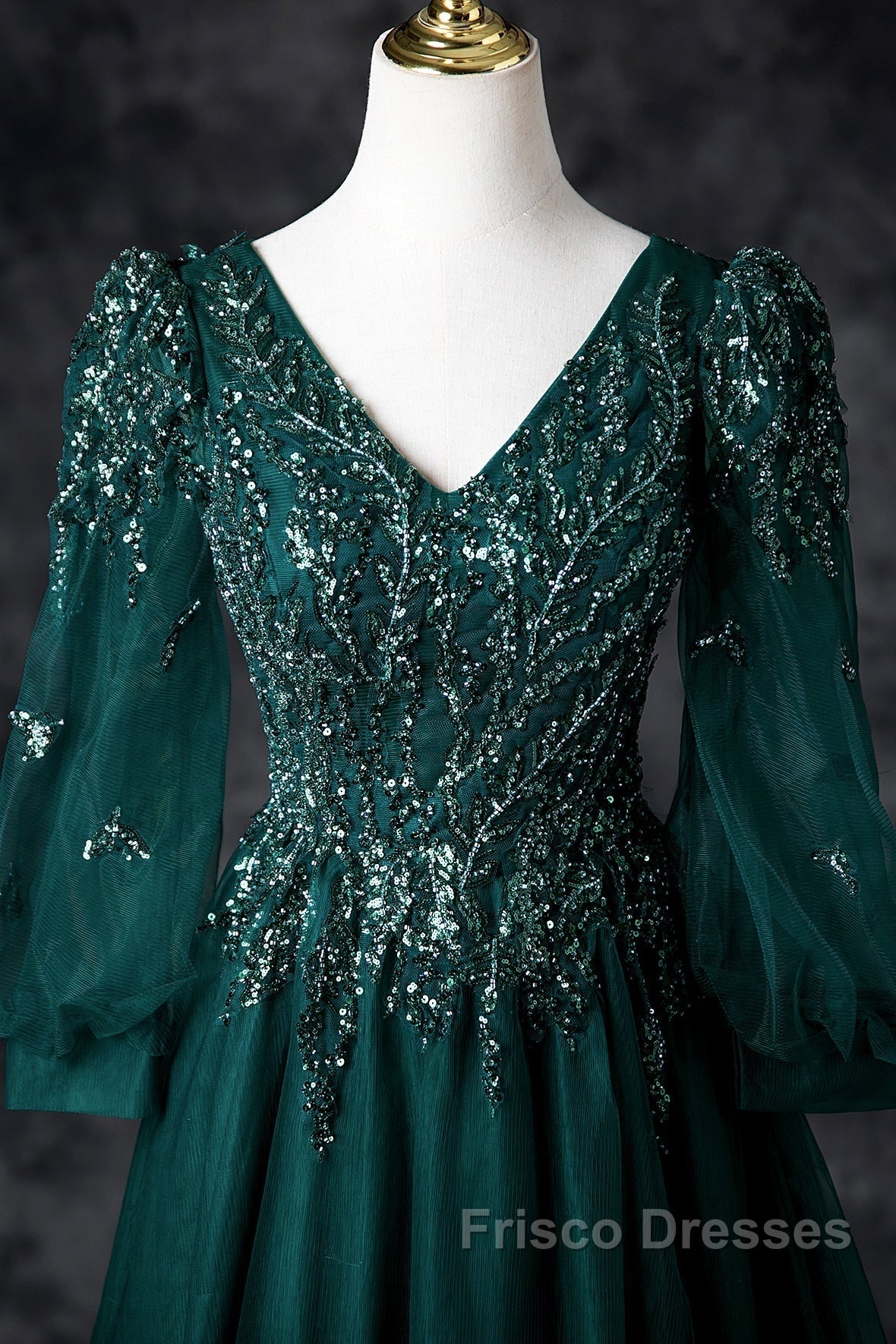 Green V-Neck Tulle Beads Long Formal Prom Dress, Elegant Long Sleeve Evening Party Dress