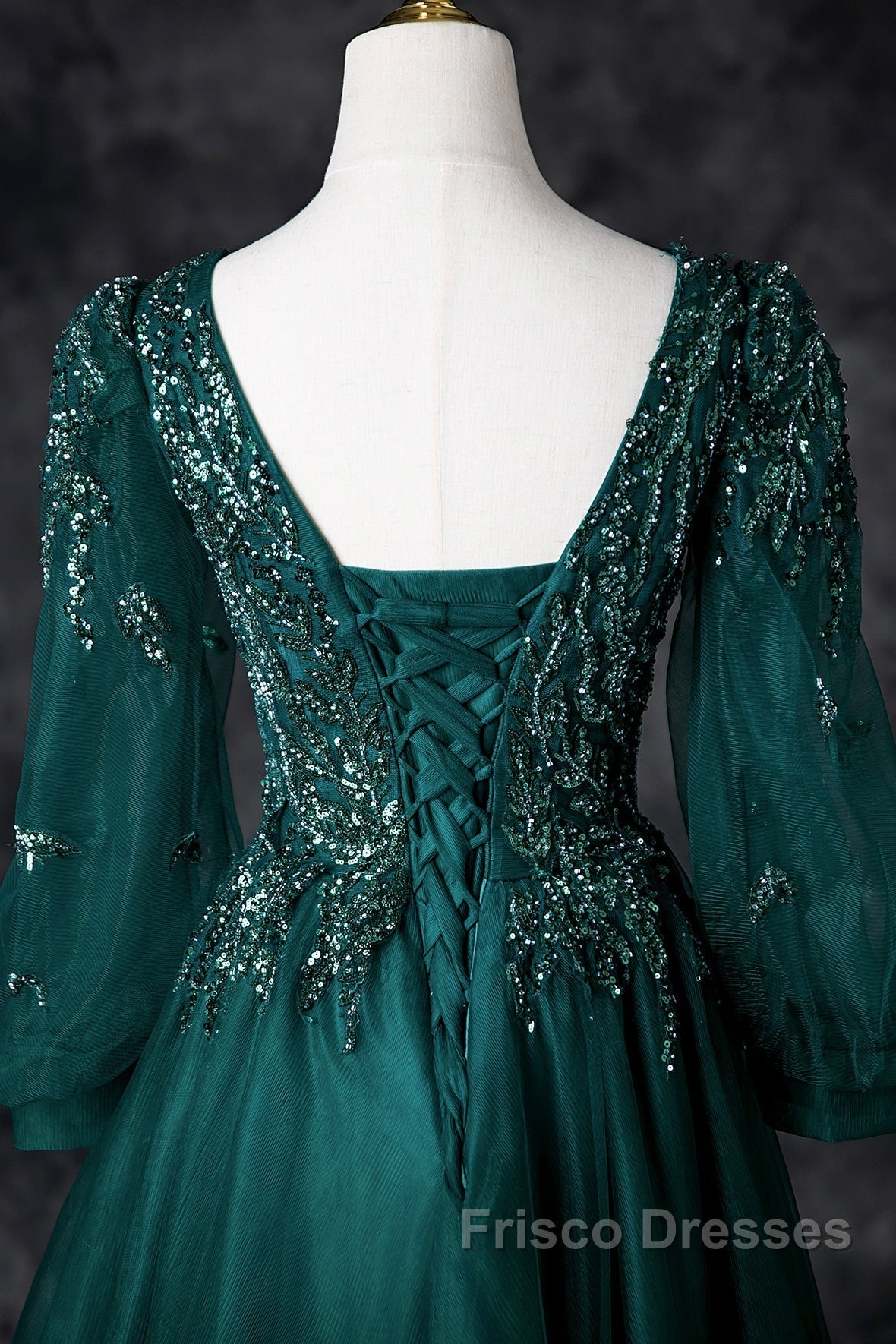 Green V-Neck Tulle Beads Long Formal Prom Dress, Elegant Long Sleeve Evening Party Dress