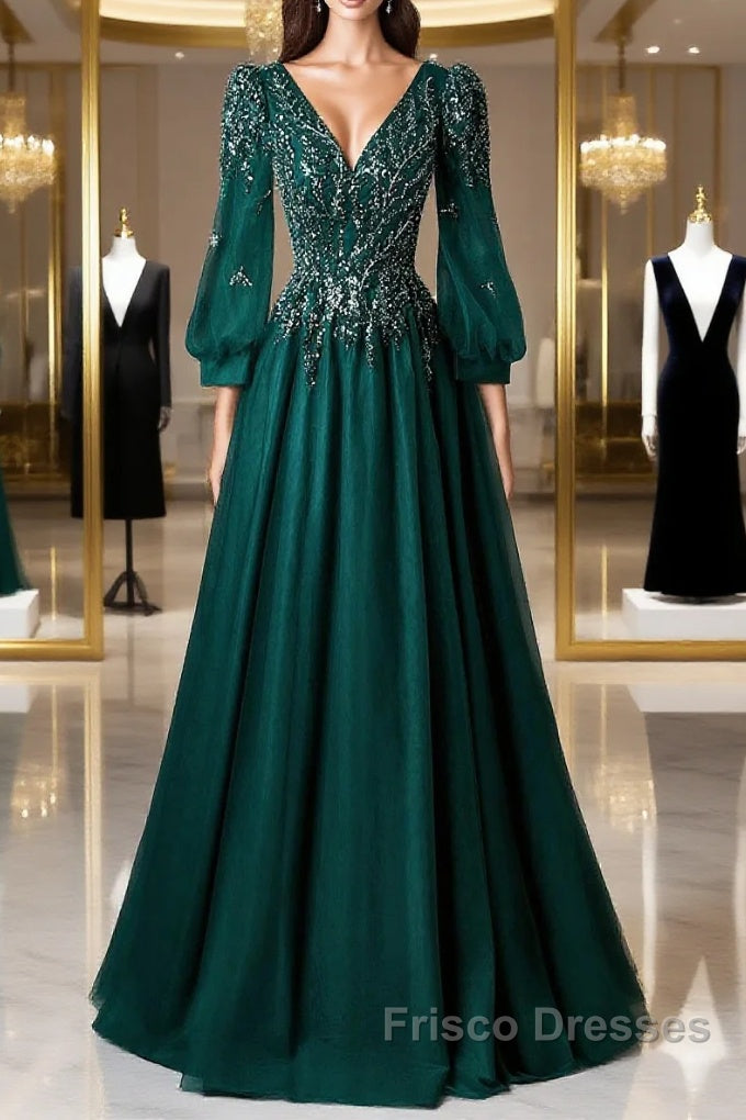 Green V-Neck Tulle Beads Long Formal Prom Dress, Elegant Long Sleeve Evening Party Dress Main image