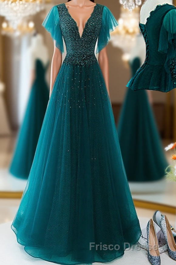 Green v neck tulle beads long Formal Prom Dresses, green tulle formal Dresses Main image