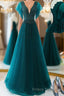 Green v neck tulle beads long Formal Prom Dresses, green tulle formal Dresses