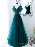 Green v neck tulle beads long Formal Prom Dresses, green tulle formal Dresses