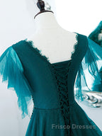 Green v neck tulle beads long Formal Prom Dresses, green tulle formal Dresses