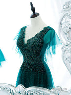 Green v neck tulle beads long Formal Prom Dresses, green tulle formal Dresses
