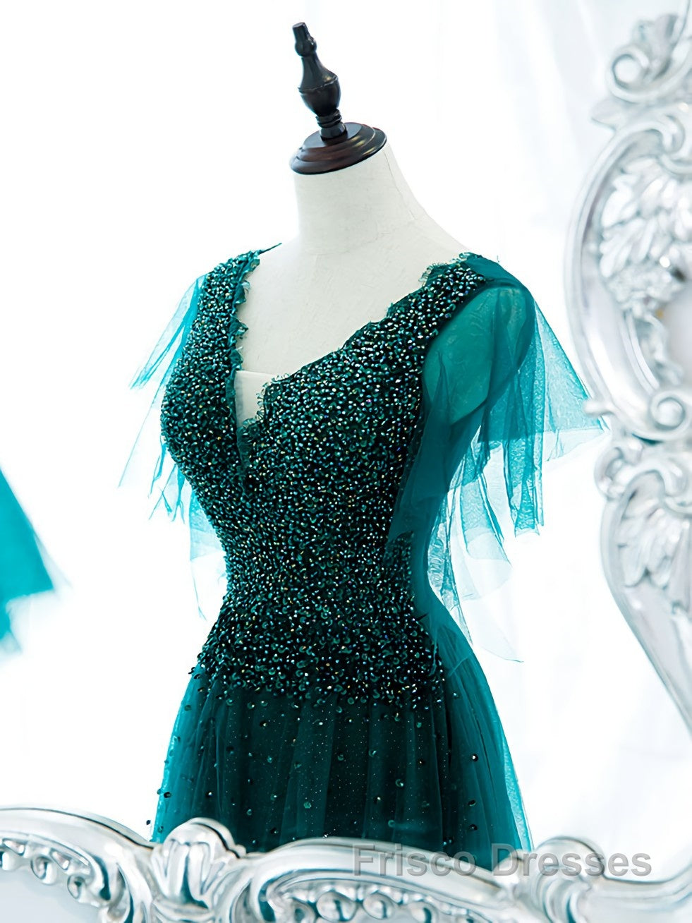 Green v neck tulle beads long Formal Prom Dresses, green tulle formal Dresses