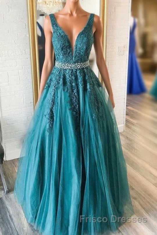 Green v neck tulle lace long Formal Prom Dresses, green formal Dresses Main image