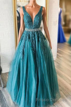 Green v neck tulle lace long Formal Prom Dresses, green formal Dresses