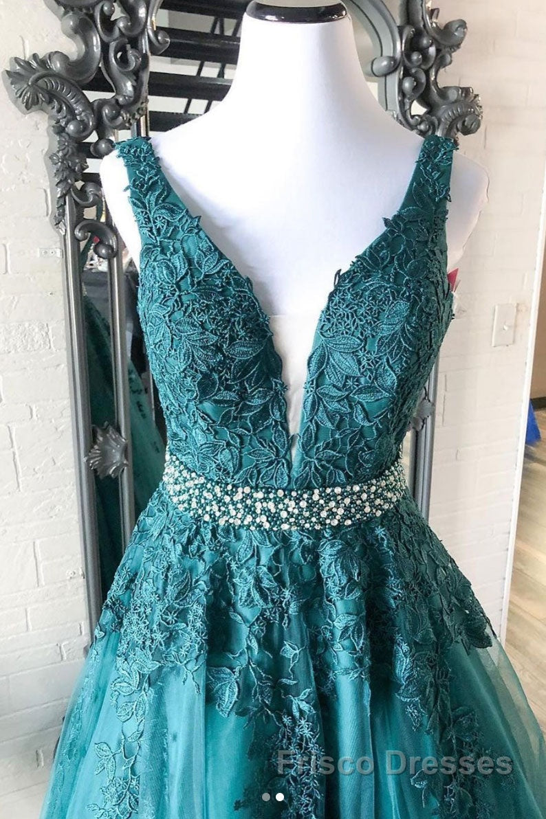 Green v neck tulle lace long Formal Prom Dresses, green formal Dresses Secondary image