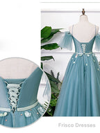 Green V Neck Tulle Lace Long Prom Dress Lace Evening Dress