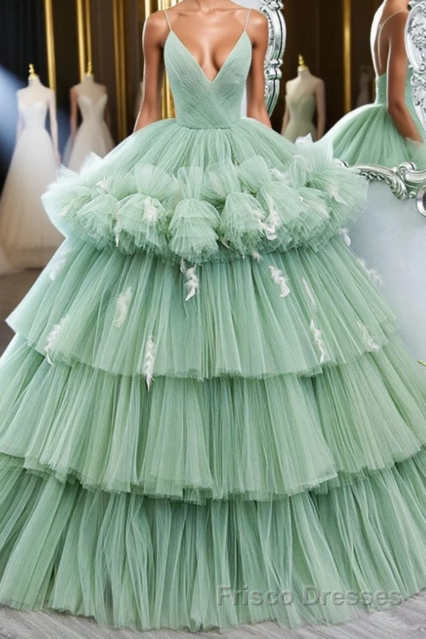 Green v neck tulle long Formal Prom gown, green tulle sweet 16 Dresses Main image