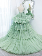 Green v neck tulle long Formal Prom gown, green tulle sweet 16 Dresses