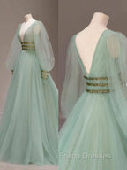 Green V Neck Tulle Sequin Long Formal Prom Dress, Green Evening Dress