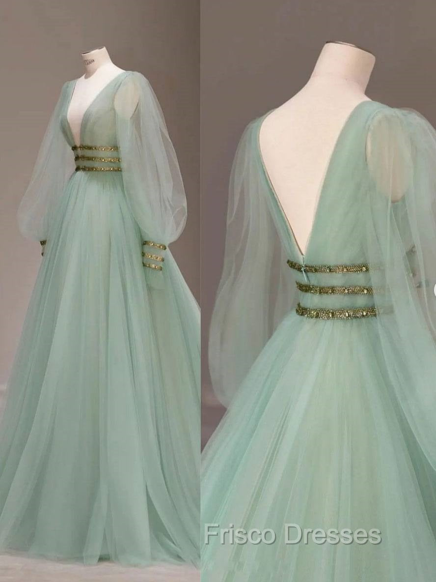 Green V Neck Tulle Sequin Long Formal Prom Dress, Green Evening Dress