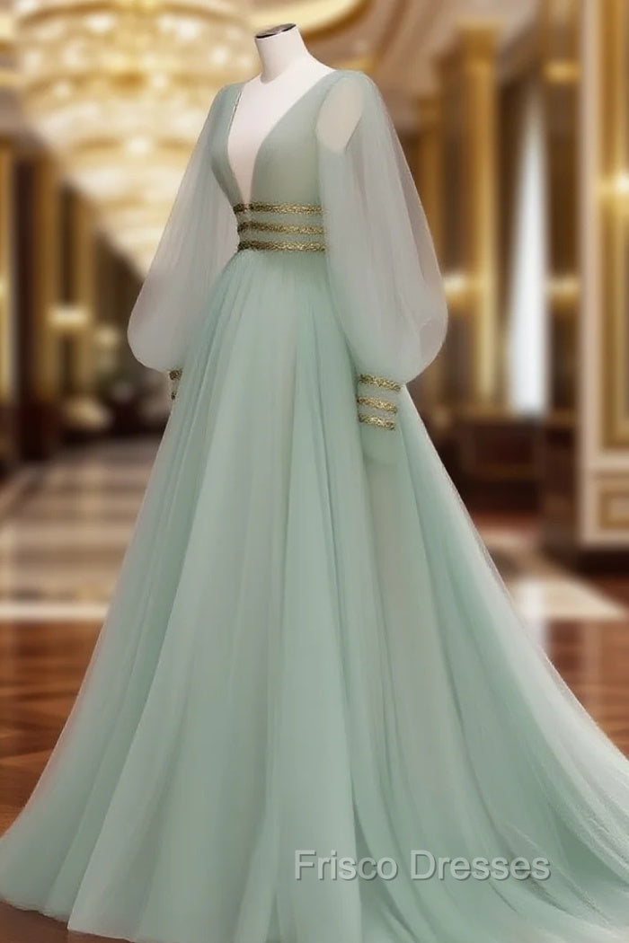 Green V Neck Tulle Sequin Long Formal Prom Dress, Green Evening Dress Main image