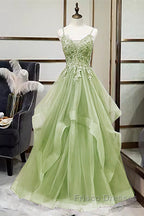 Green V-Neckline Tulle With Lace Applique Formal Prom Dress, Green Layers Tulle Party Dress