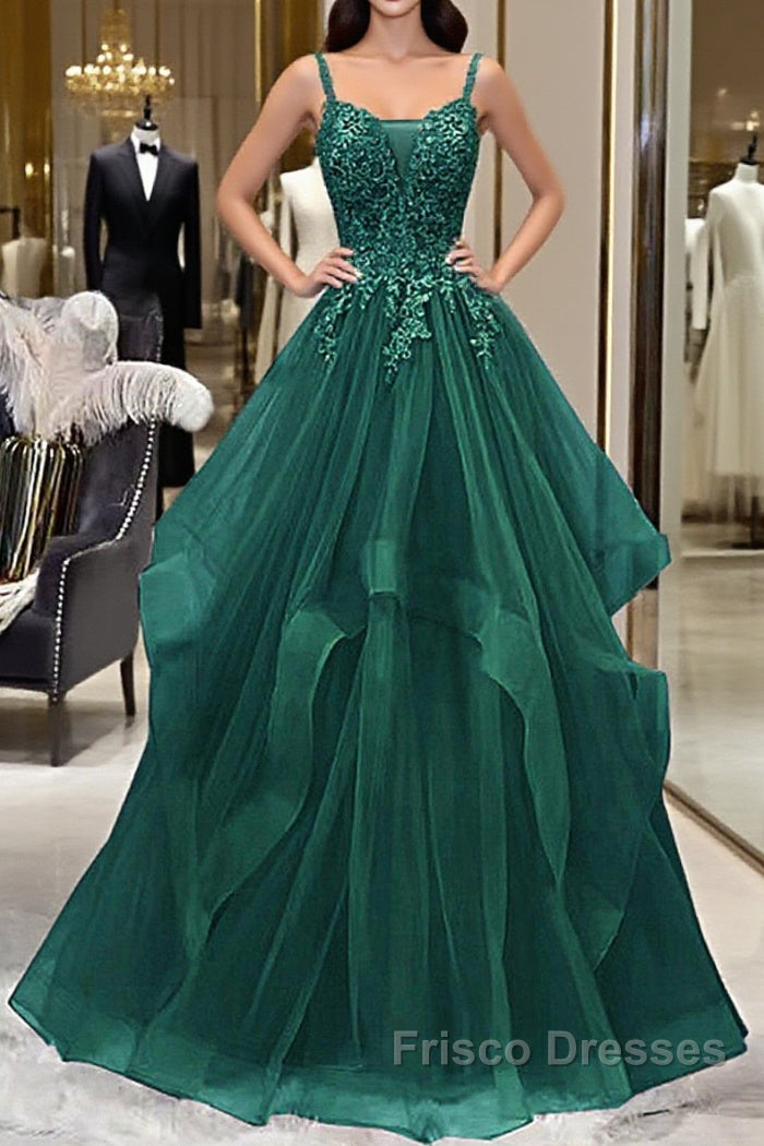 Green V-Neckline Tulle With Lace Applique Formal Prom Dress, Green Layers Tulle Party Dress Main image