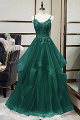 Green V-Neckline Tulle With Lace Applique Prom Dress, Green Layers Tulle Party Dress