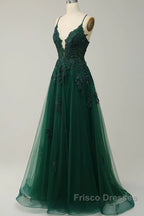 Green V-Neckline Tulle With Lace Cross Back, Green Tulle Formal Prom Dress