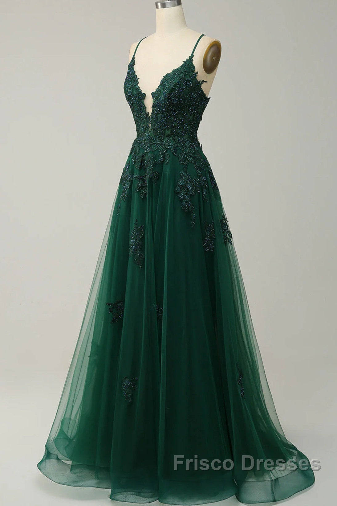 Green V-Neckline Tulle With Lace Cross Back, Green Tulle Formal Prom Dress