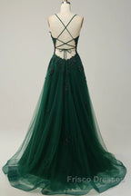 Green V-Neckline Tulle With Lace Cross Back, Green Tulle Formal Prom Dress