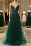 Green V-Neckline Tulle With Lace Cross Back, Green Tulle Formal Prom Dress