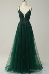 Green V-Neckline Tulle With Lace Cross Back, Green Tulle Prom Dress