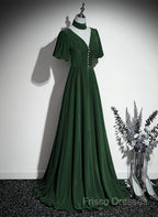 Green Velvet A-Line Short Sleeves Long Party Dress, Green Long Formal Prom Dress
