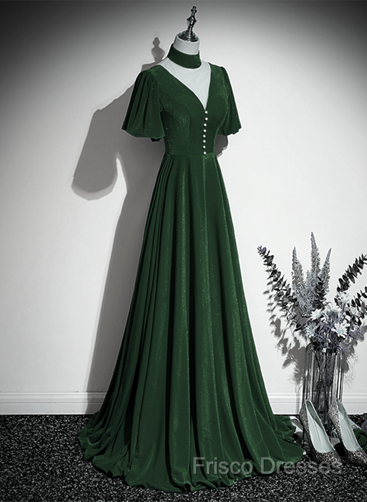 Green Velvet A-Line Short Sleeves Long Party Dress, Green Long Formal Prom Dress