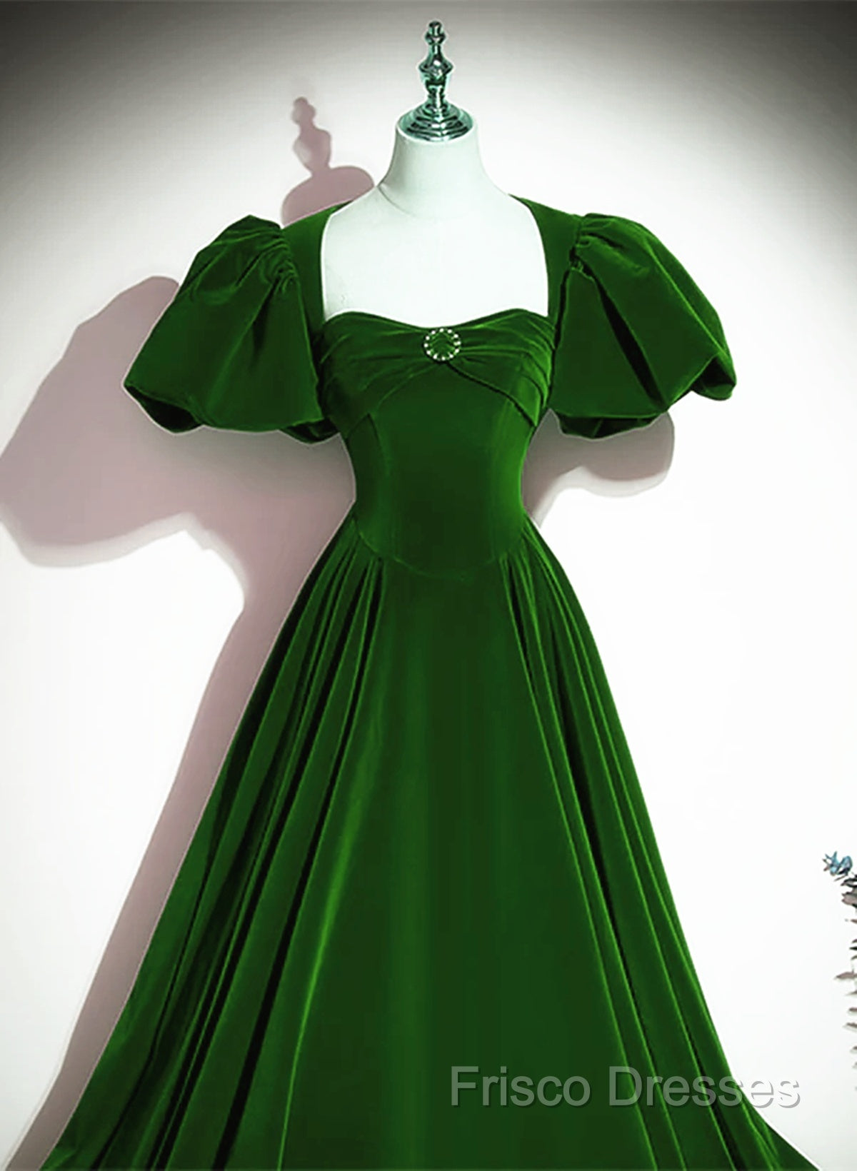 Green Velvet Backless Long Party Dress, Green Short Sleeves Formal Dress Formal Prom Dress