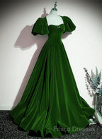 Green Velvet Backless Long Party Dress, Green Short Sleeves Formal Dress Formal Prom Dress