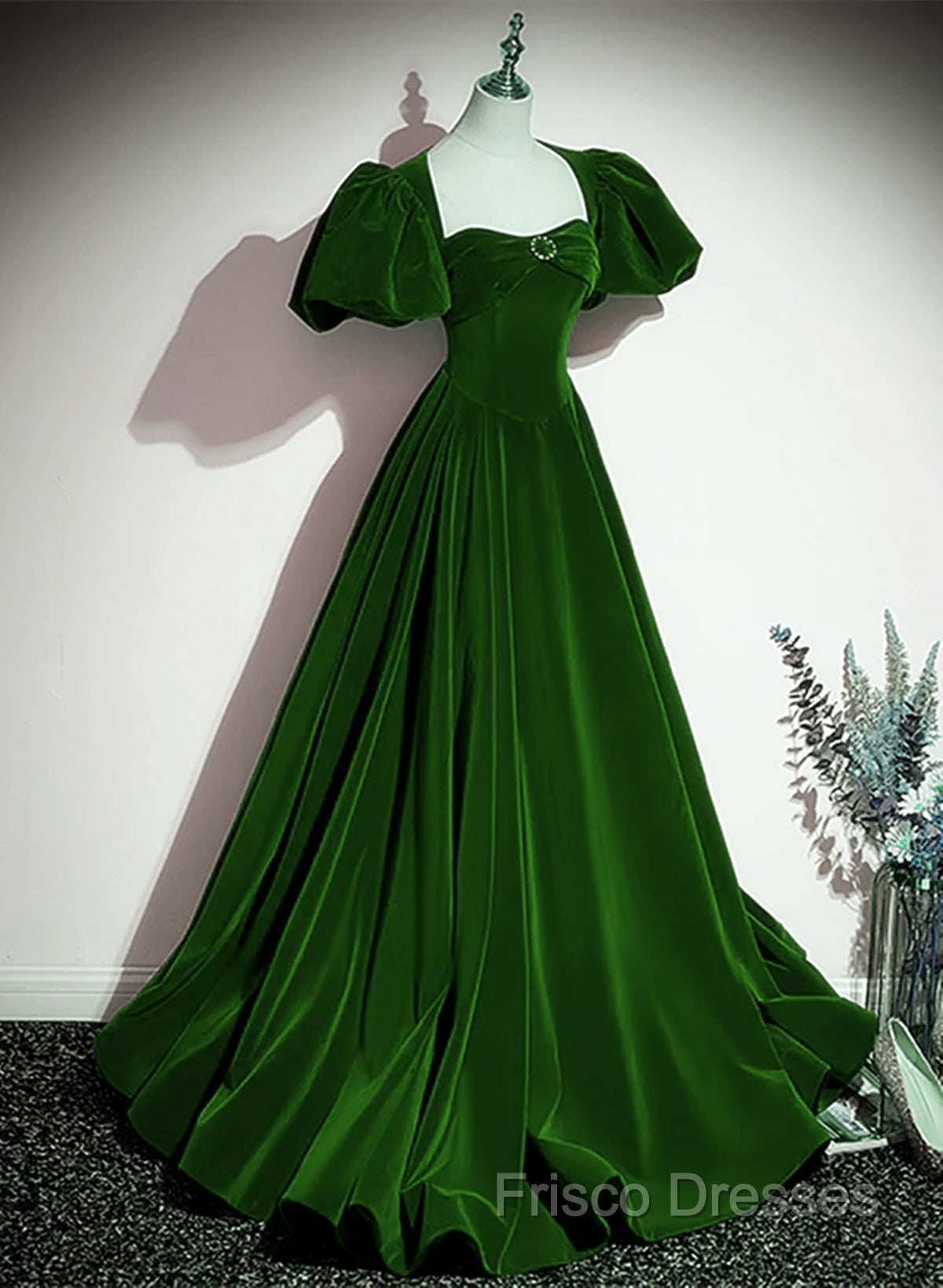 Green Velvet Backless Long Party Dress, Green Short Sleeves Formal Dress Formal Prom Dress