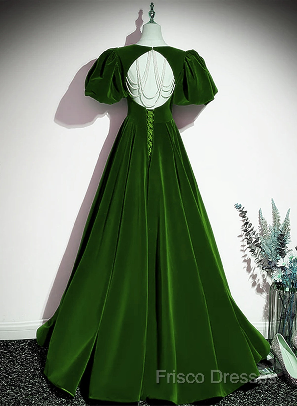 Green Velvet Backless Long Party Dress, Green Short Sleeves Formal Dress Formal Prom Dress